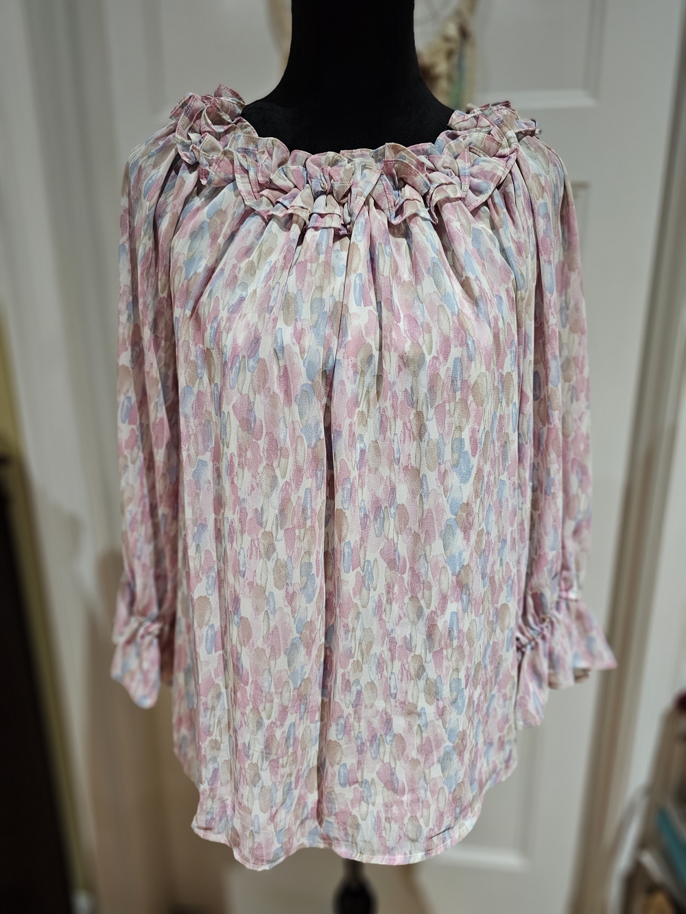 JODIFL Pink Multi-Color Ruffle-Neck Peasant Blouse